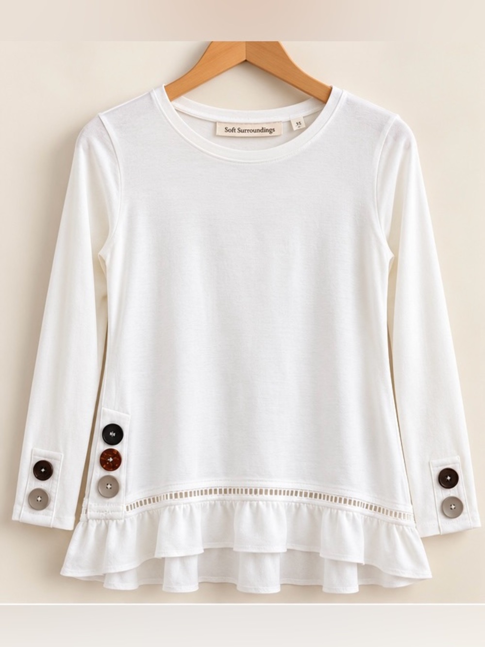 Soft Surroundings White Ruffle Hem Tunic Top XS Button Cuff 2CJ39